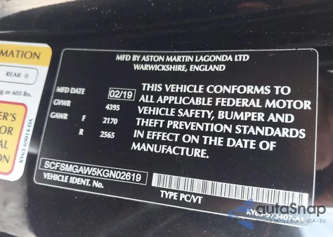 2019 Aston Martin Vantage z USA, uszkodzony, nr VIN SCFSMGAW5KGN02619